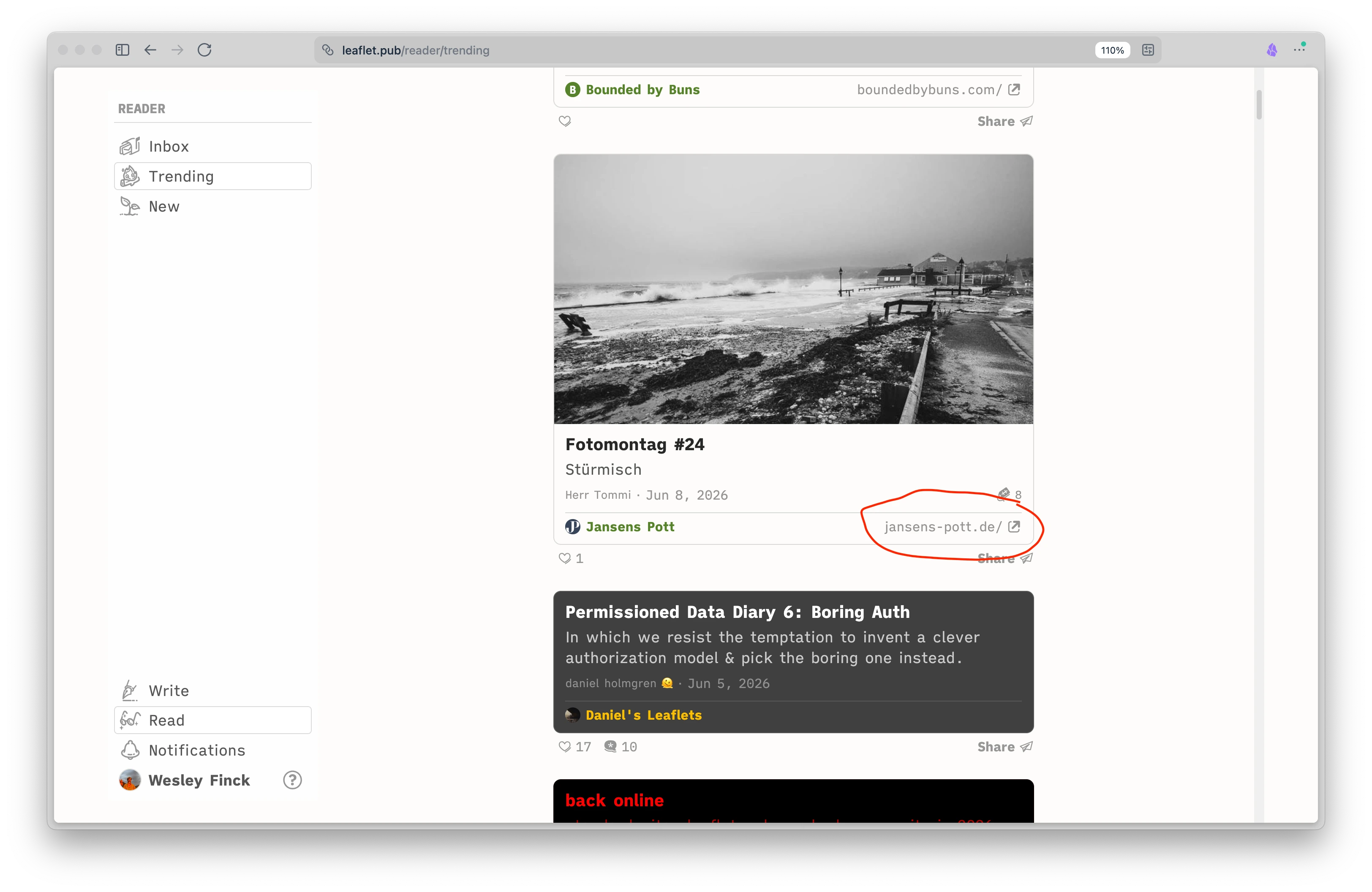 screenshot of the leaflet trending feed, showing a post that is an external link, since the document has a different content type from leaflet's.
