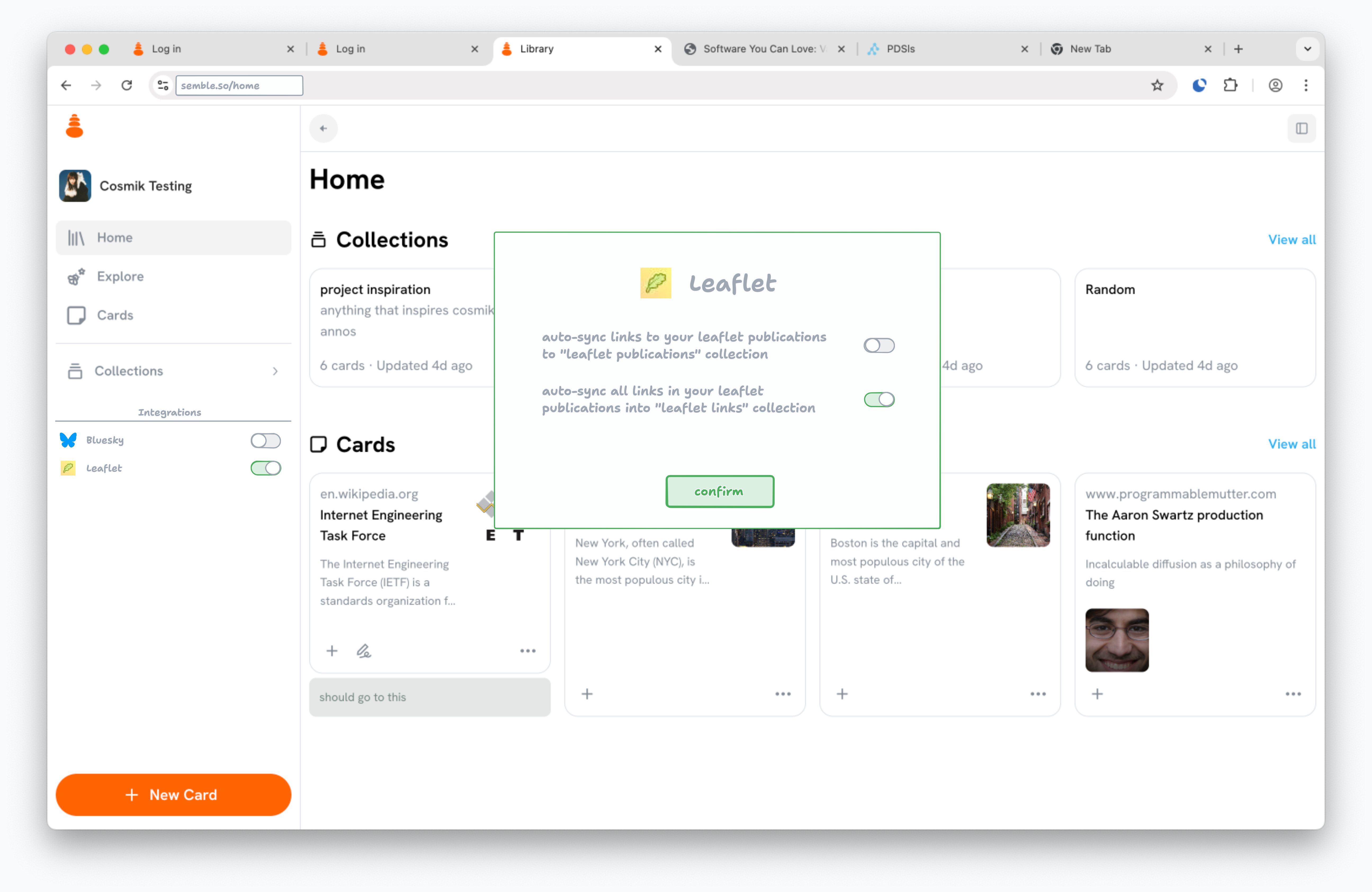 a mock up of an integration configuration screen in semble showing options for importing links from leaflet publications
