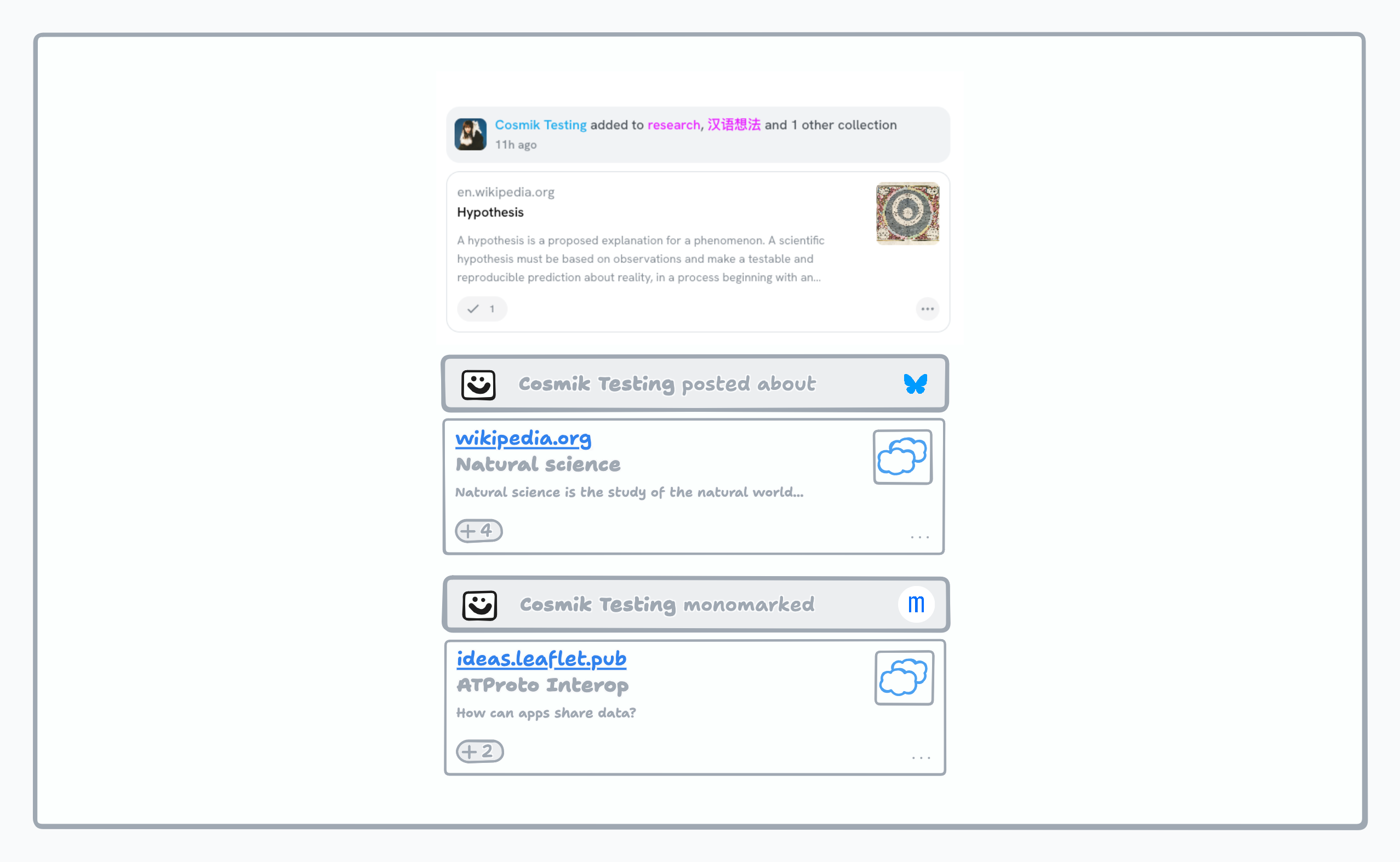 a mock up of two different semble feed activity types: "posted about" which shows a link an account posted about on bluesky, and "monomarked" showing a link an account saved on monomarks.