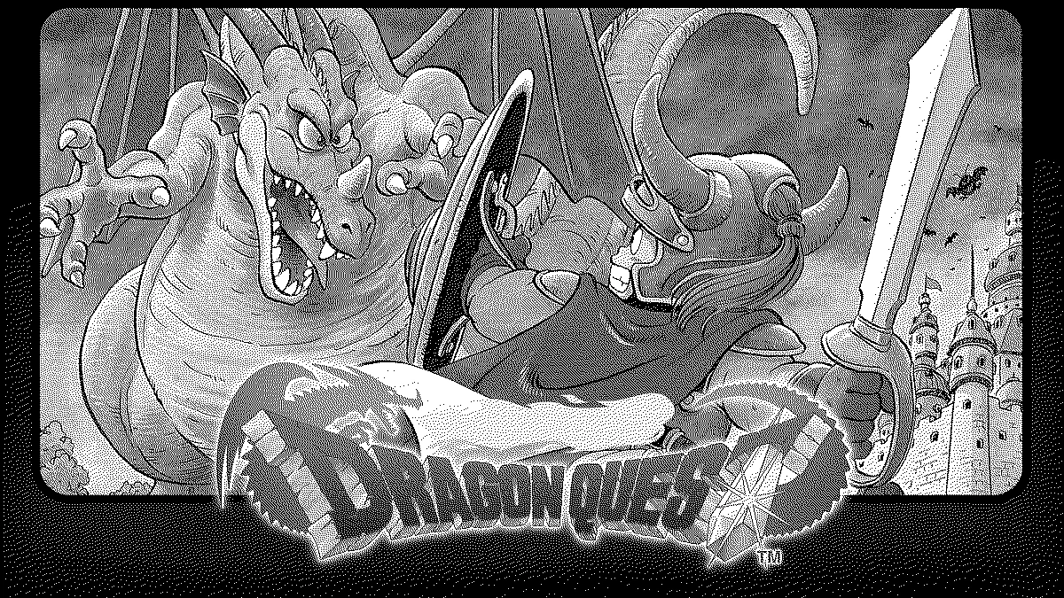 Hero in armor dueling a fierce dragon with wings, in front of a castle. Bold "Dragon Quest" logo overlays the action-packed scene.