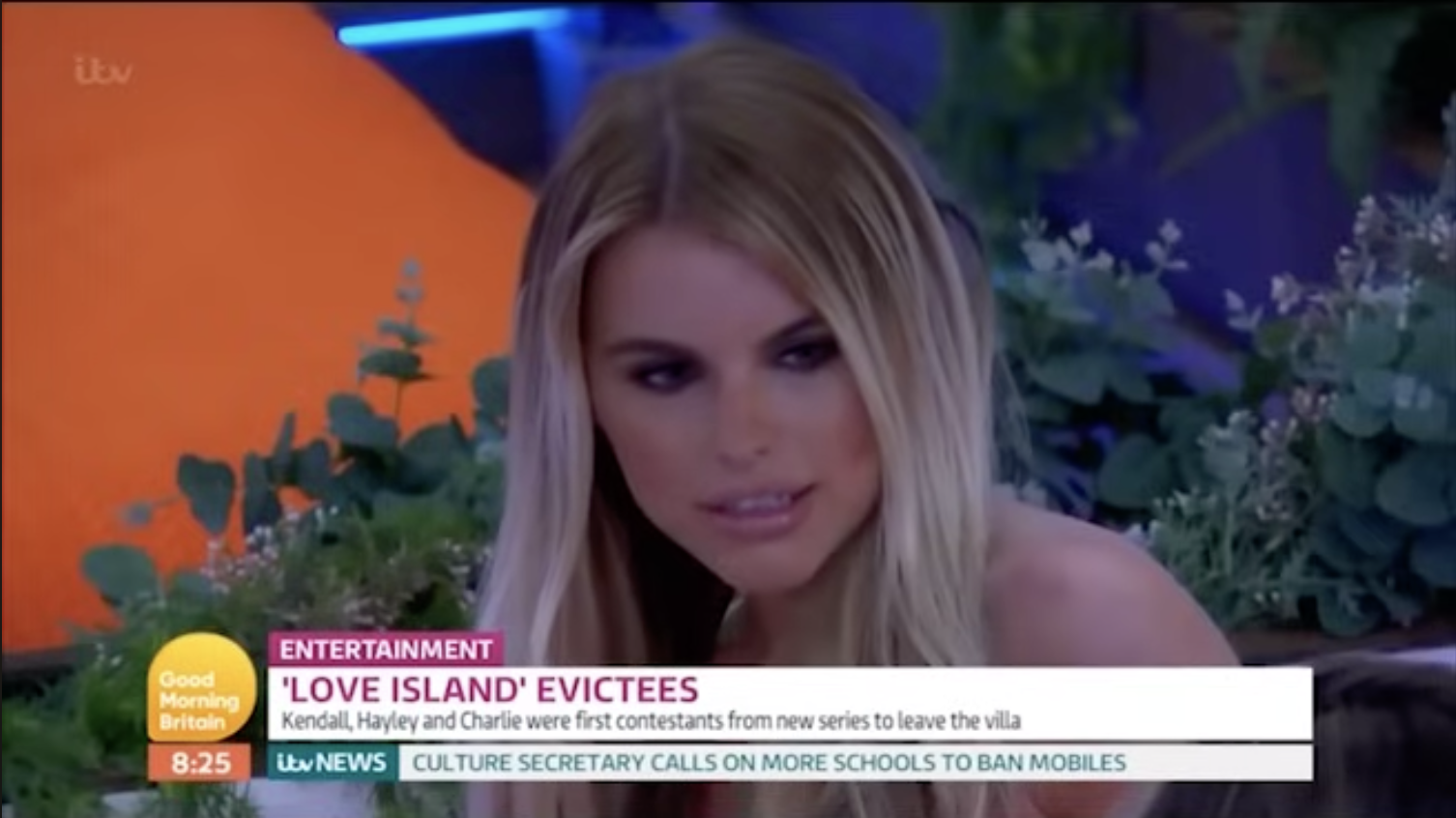 A blonde woman stares confusedly off screen with a Chiron reading "Entertainment: Love Island Evictees'