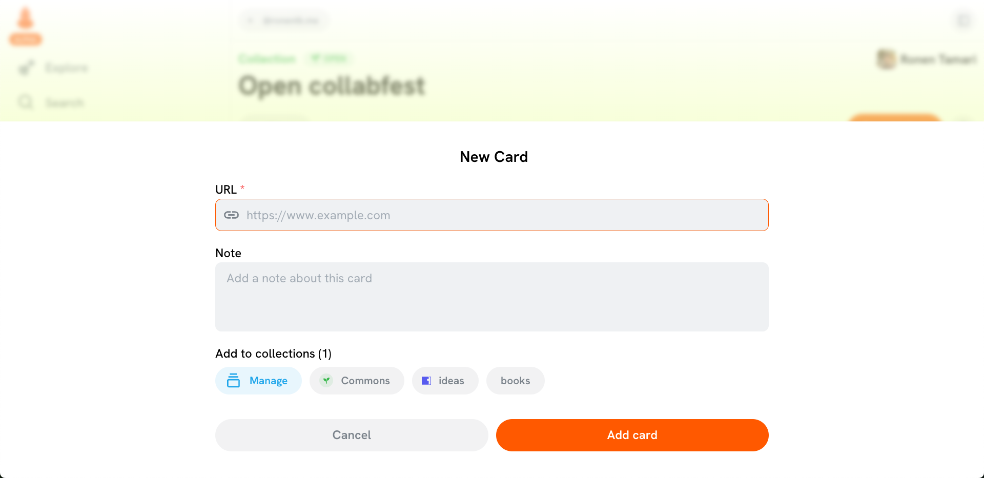 screenshot of the collect new card drawer with an open collection pre-selected