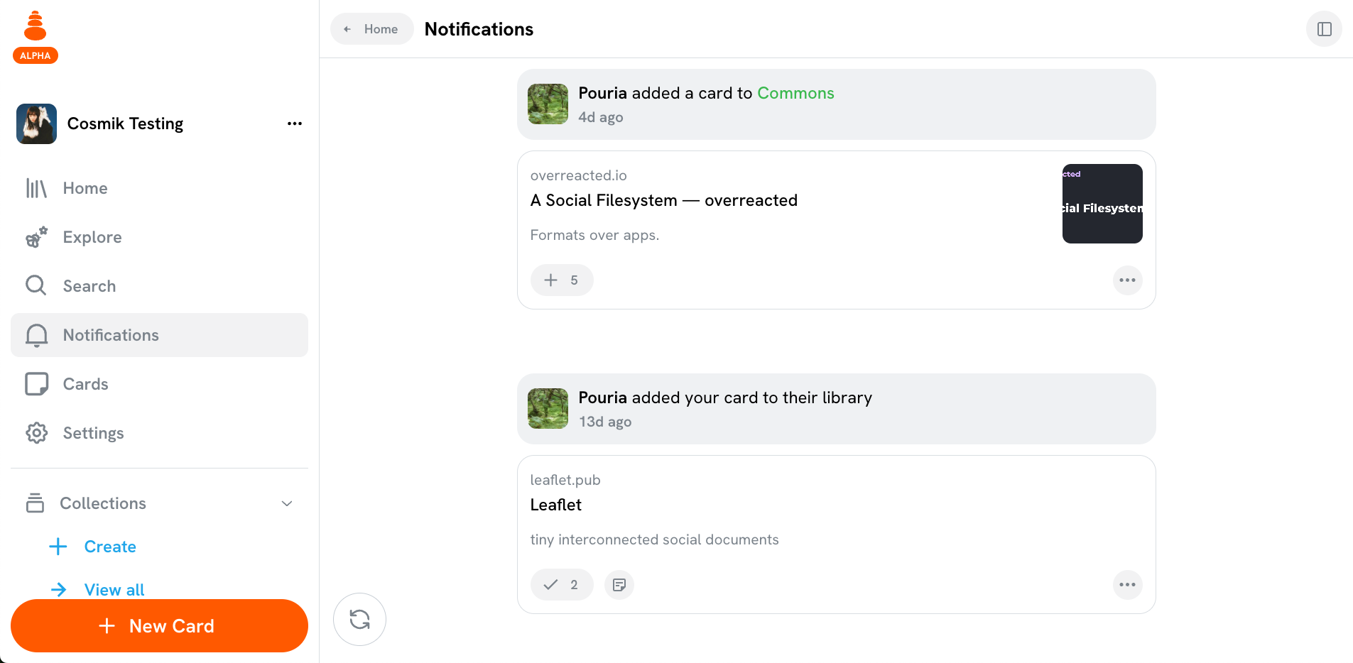 screenshot of a semble notification showing someone else adding a card to your open collection
