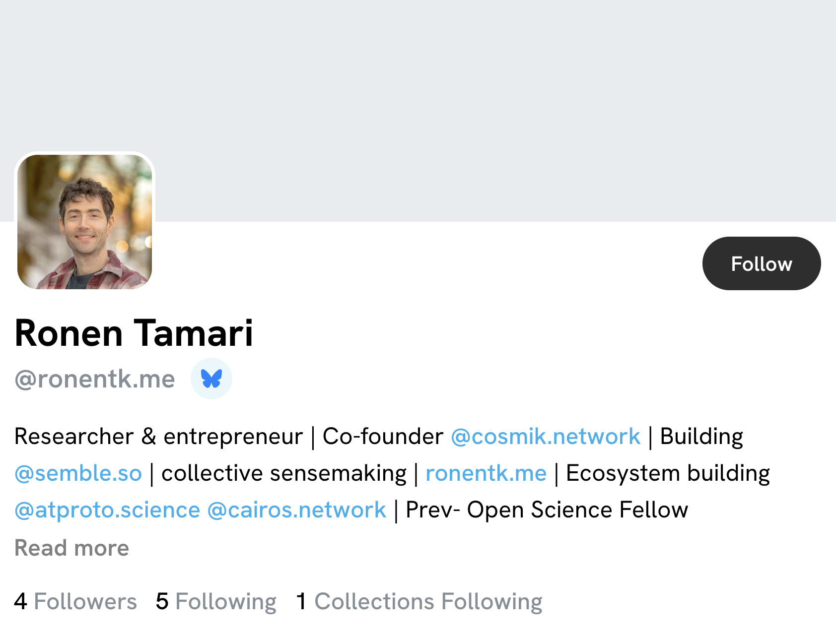 screenshot of a semble profile page showing follow graph info (followers, following, collections following) as well as a 'follow' button