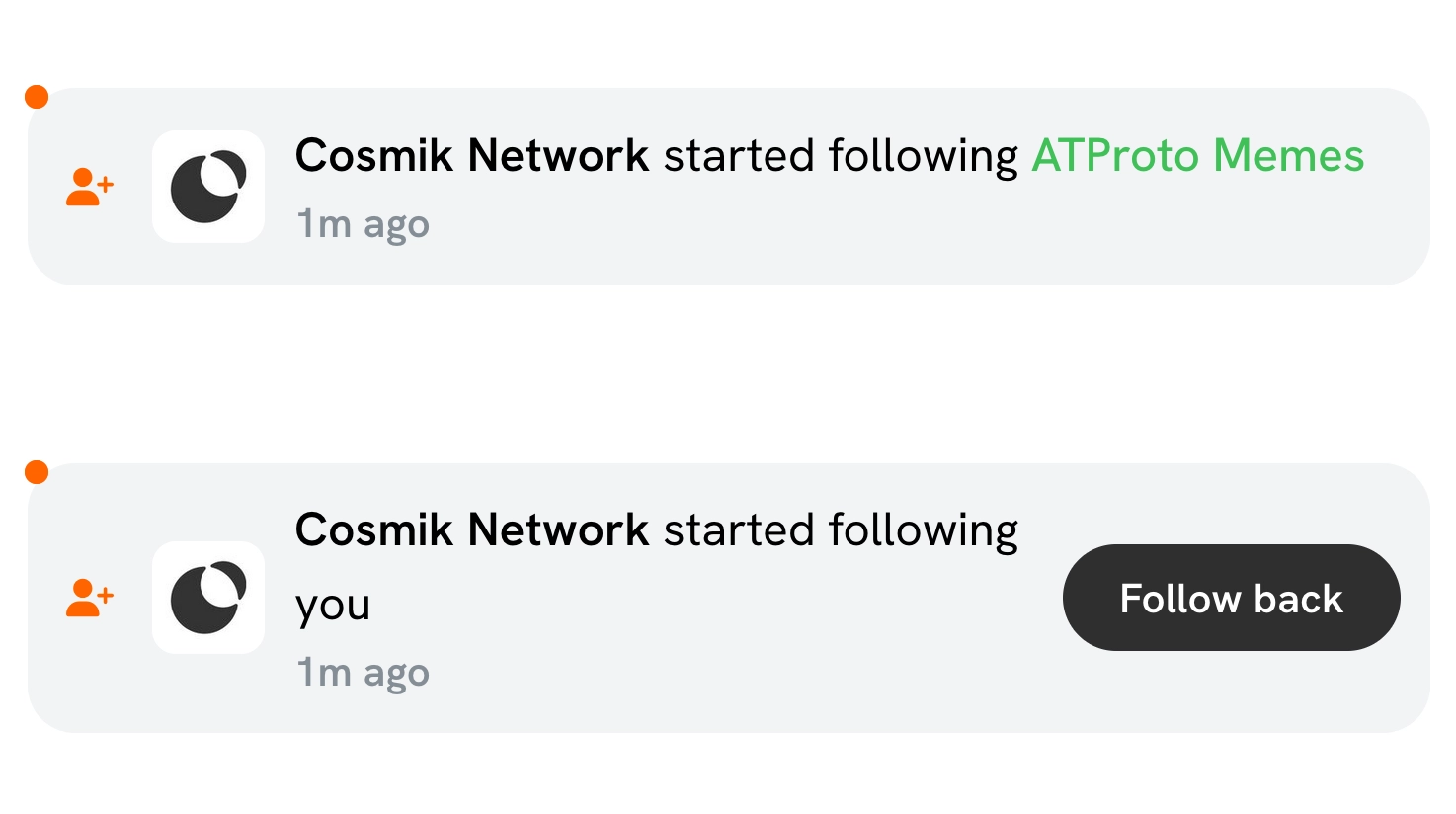 screenshot of semble notifications showing an account following a collection and a user