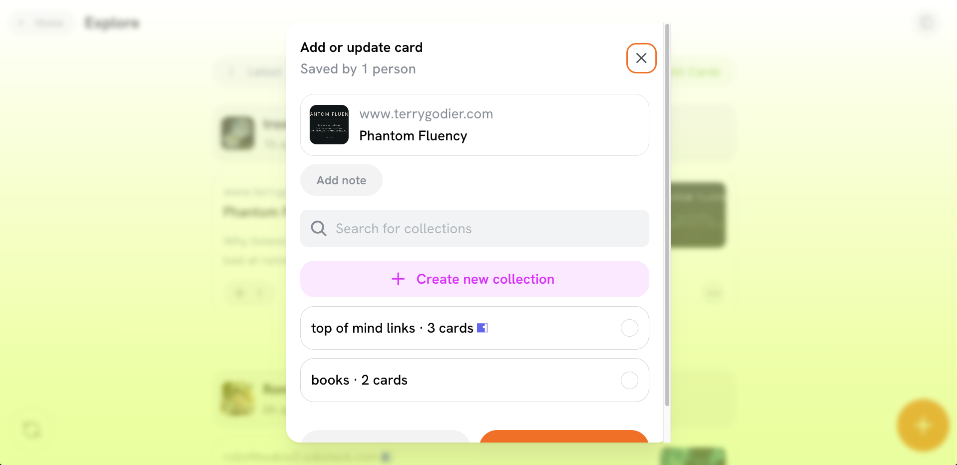 A screenshot of the add card to collection modal in Semble, showing a list of collections, one of them has the Margin logo beside it indicating it's from Margin