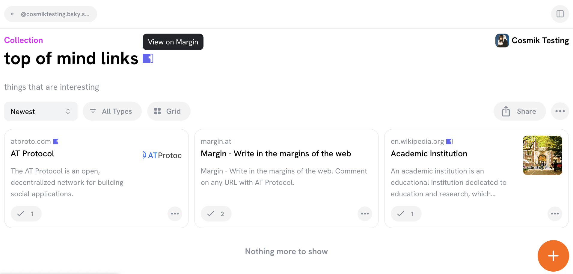 a screenshot of a collection page in Semble showing the Margin logo by the title, with hover text "View on Margin"