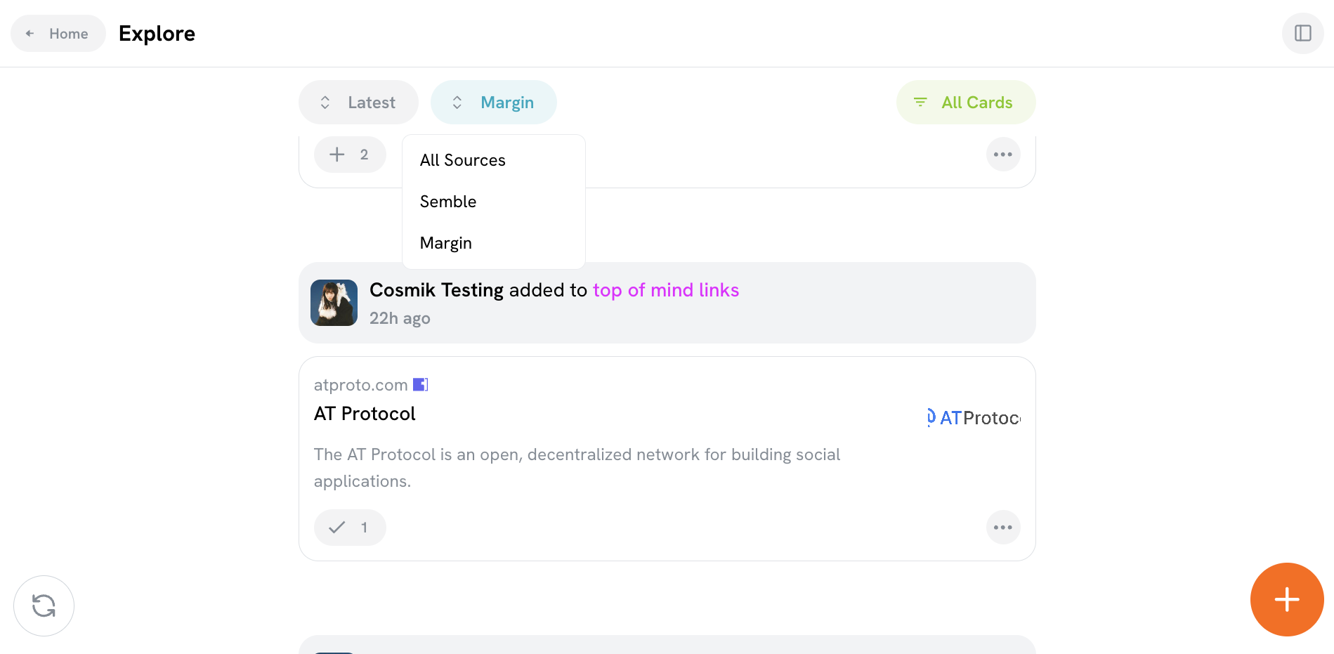a screenshot of the semble explore feed filtered by content coming from Margin