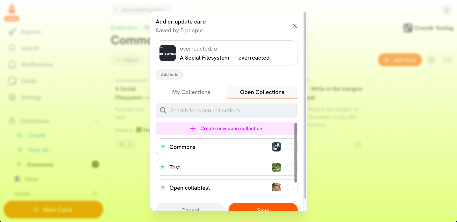 screenshot of the collect card popup in semble, showing a list of open collections it can be added to