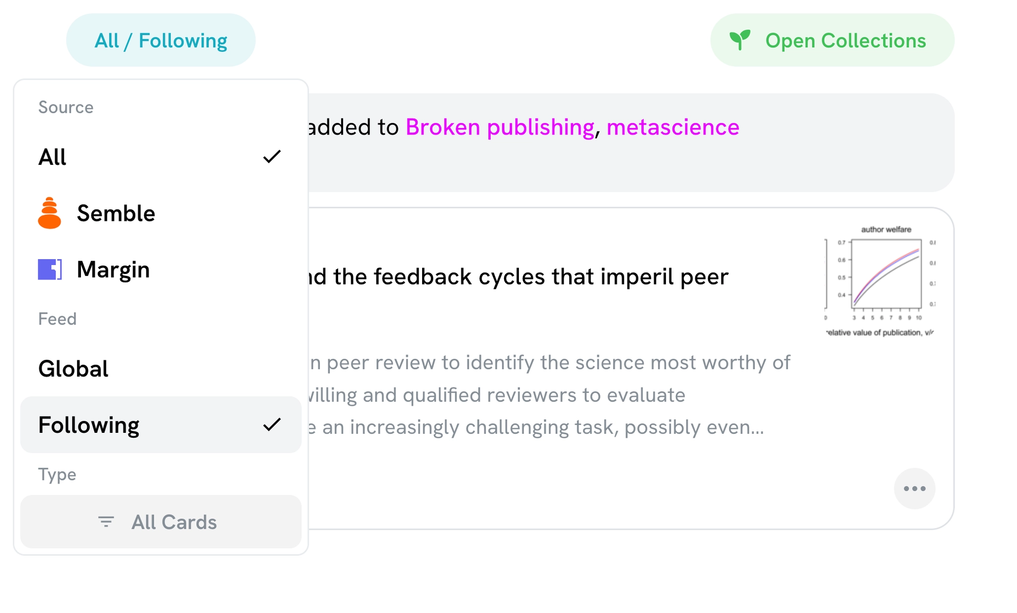 screenshot of semble showing the option to select a 'following' feed
