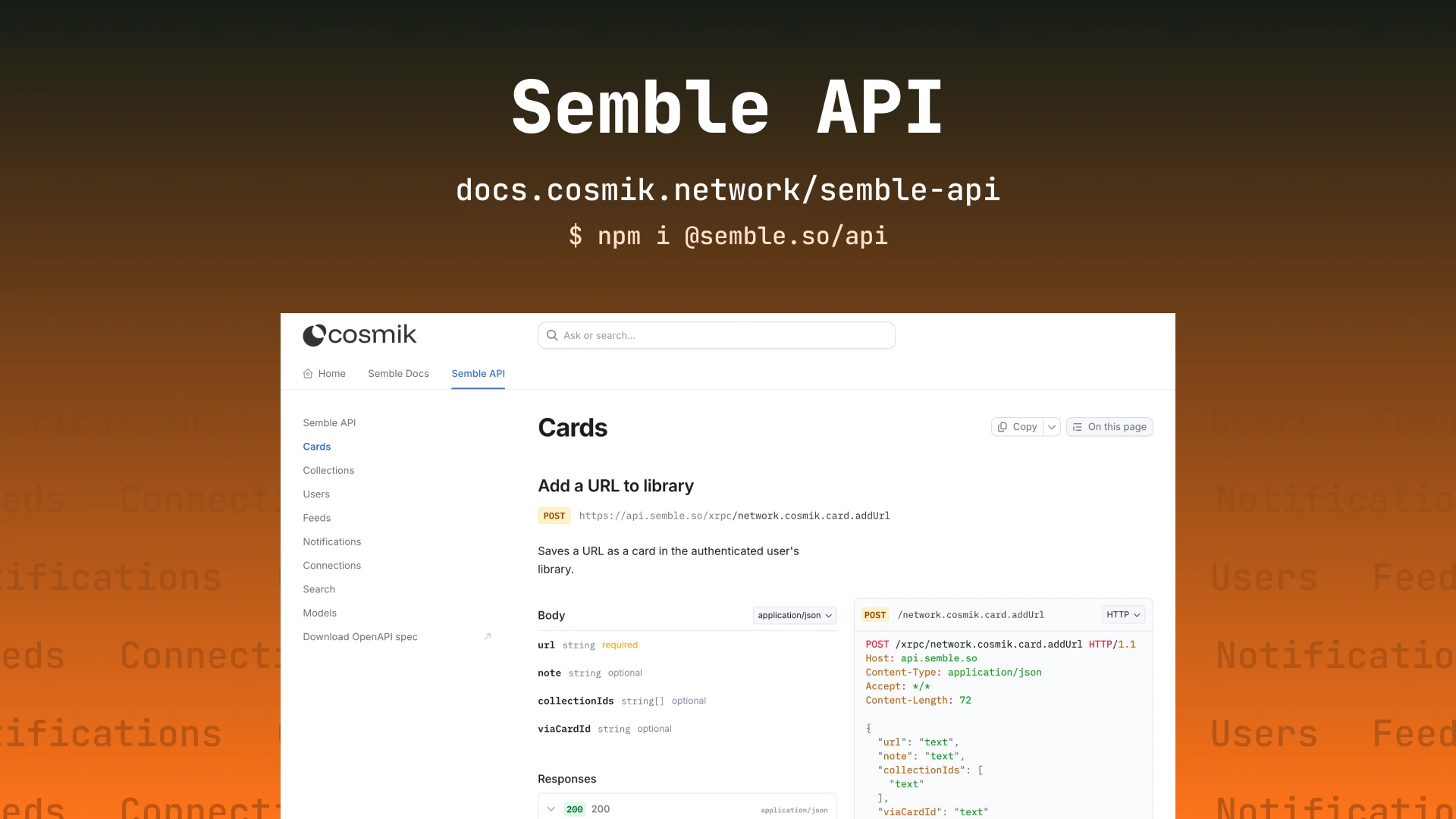 screenshot of the Semble API docs page, showing an endpoint for adding a URL to the user's library