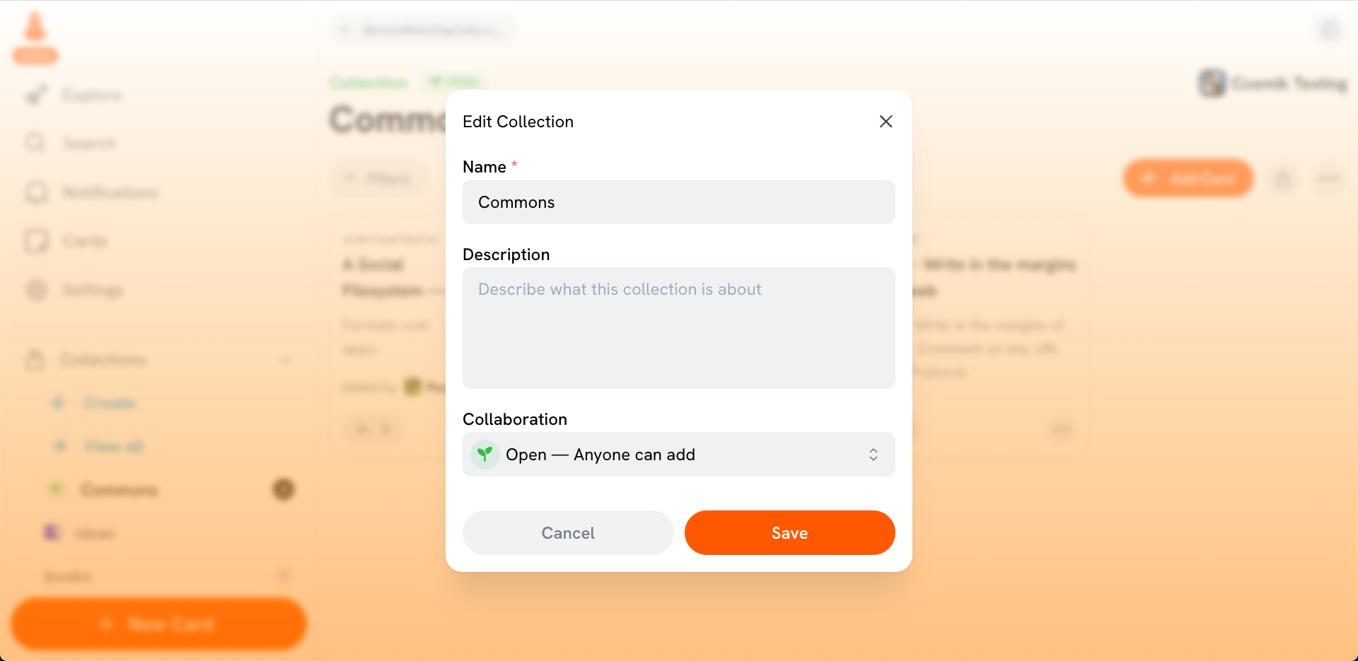 screenshot of the edit collection popup in Semble, showing the option to make it personal or open