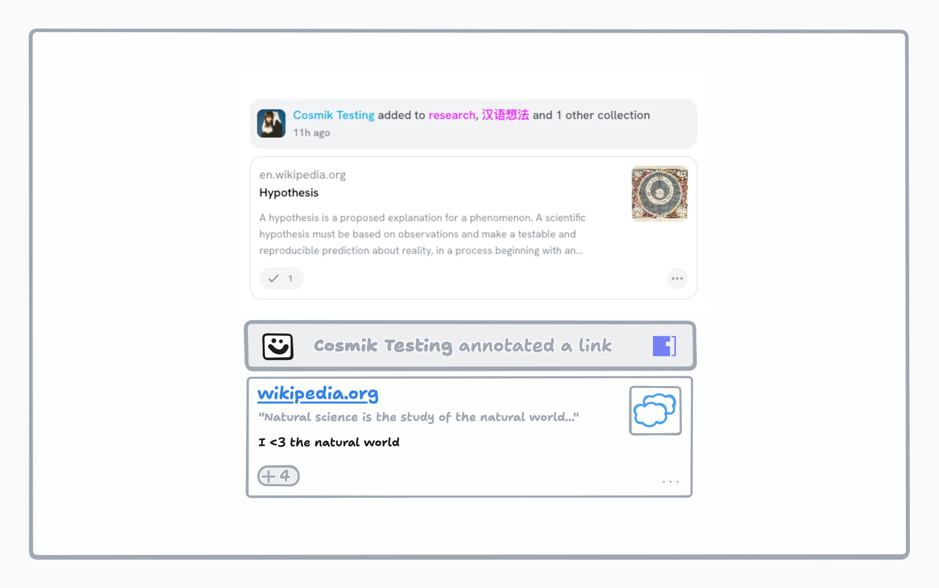 a mock up of a Semble feed activity showing that a user annotated a link, including the highlighted snippet plus a comment