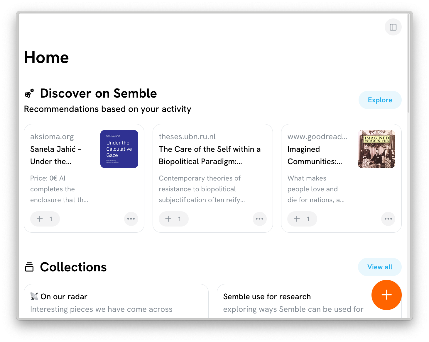 the 'Discover on Semble' section of the home page showing 3 cards related to recent activity in the network