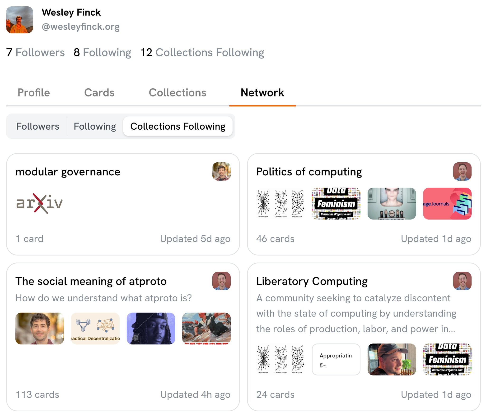 screenshot of a profile page in semble showing the 'network' tab, with a list of collections the account follows