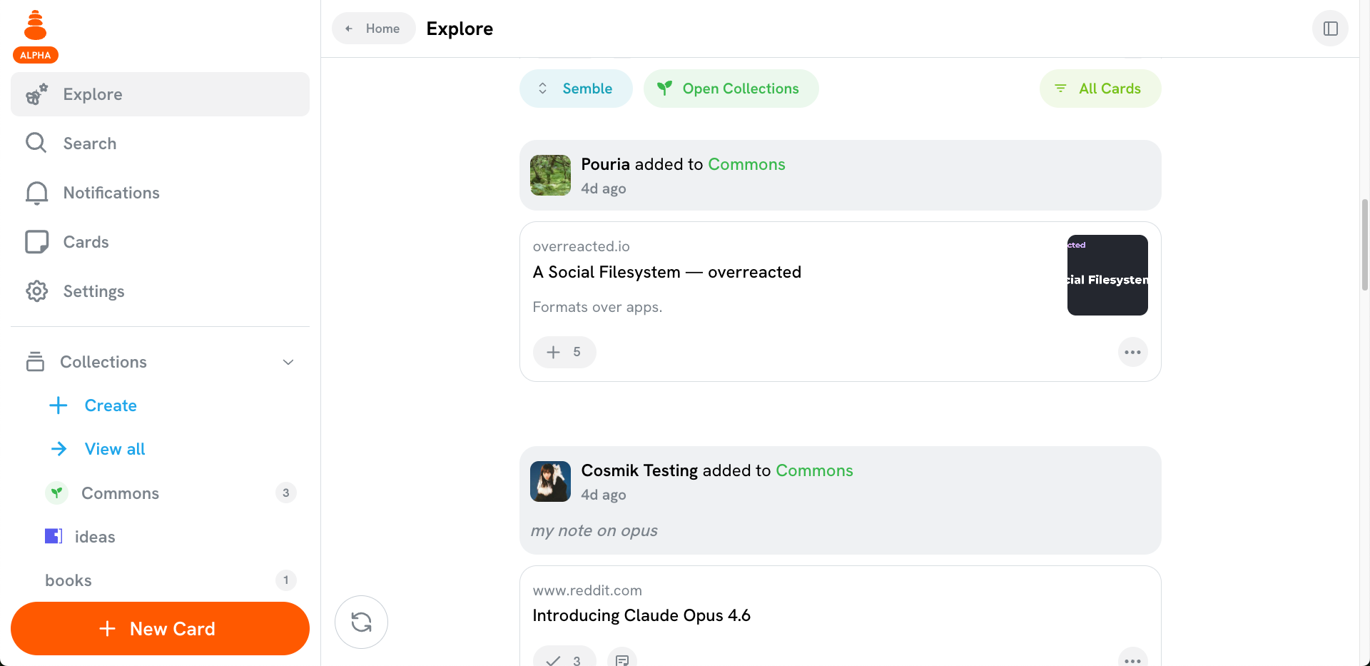 screenshot of a feed activity in semble showing someone adding a card to an open collection (uses green text instead of pink)