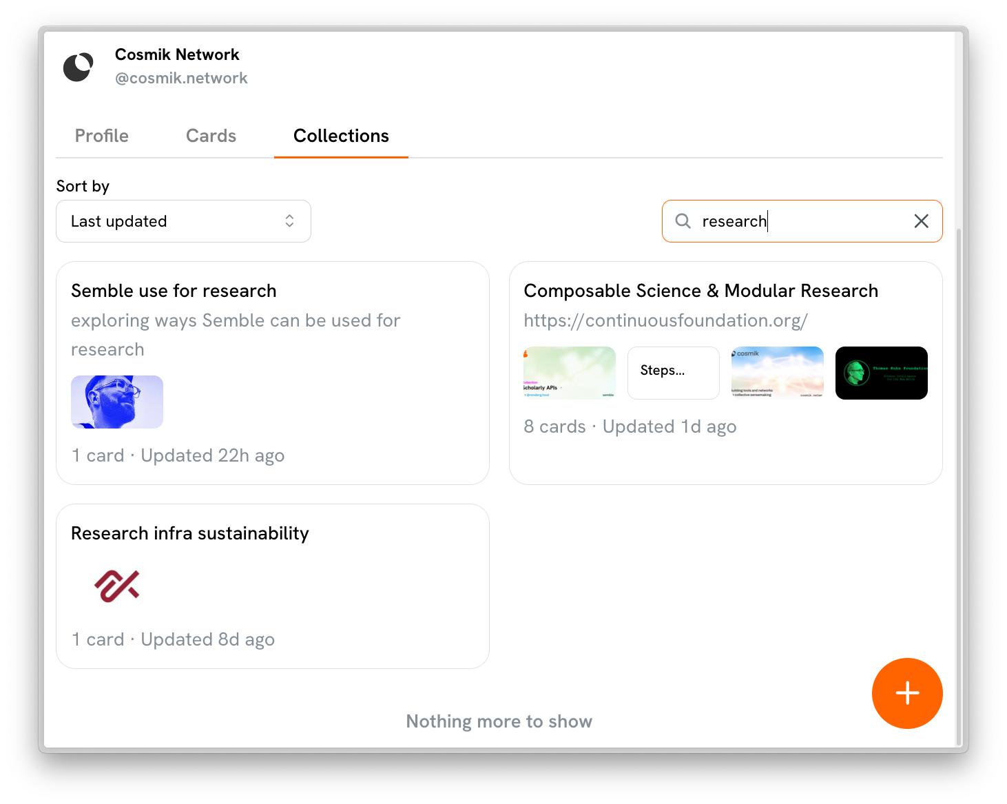 the 'Collections' tab of a Semble profile page with the word 'research' in the search field, showing 3 collections matching query.