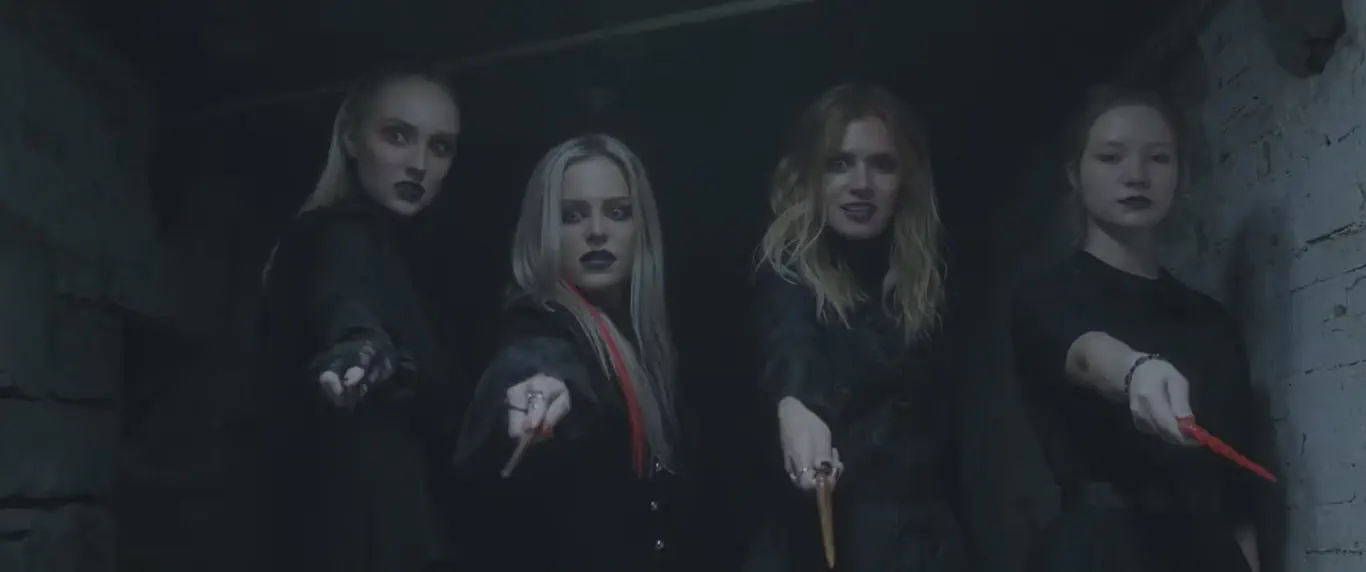 The Bellatrix Death Eater Sisters: Fleur Jones (Sabré Randall), Emmeline Purkiss (Angela Cole), Kendra Boardman (Maggie Callahan), and Muriel Warrington (Makenna Weyburne)