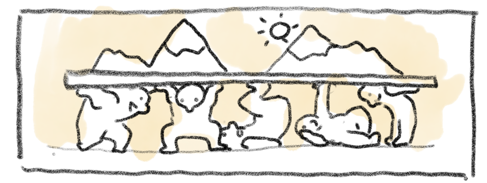 hand drawn illustration of a bunch of cartoon lil guys holding up a panorama of mountains together, with a sun above, some nice cute teamwork