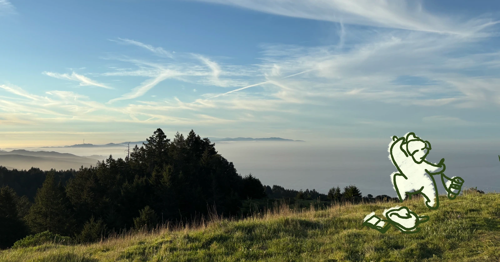 View from a hill overlooking a vista with trees, fog, horizon, bluesky with wispy clouds. A doodled figure gazes out at the beauty of nature, bag and notebook beside them.