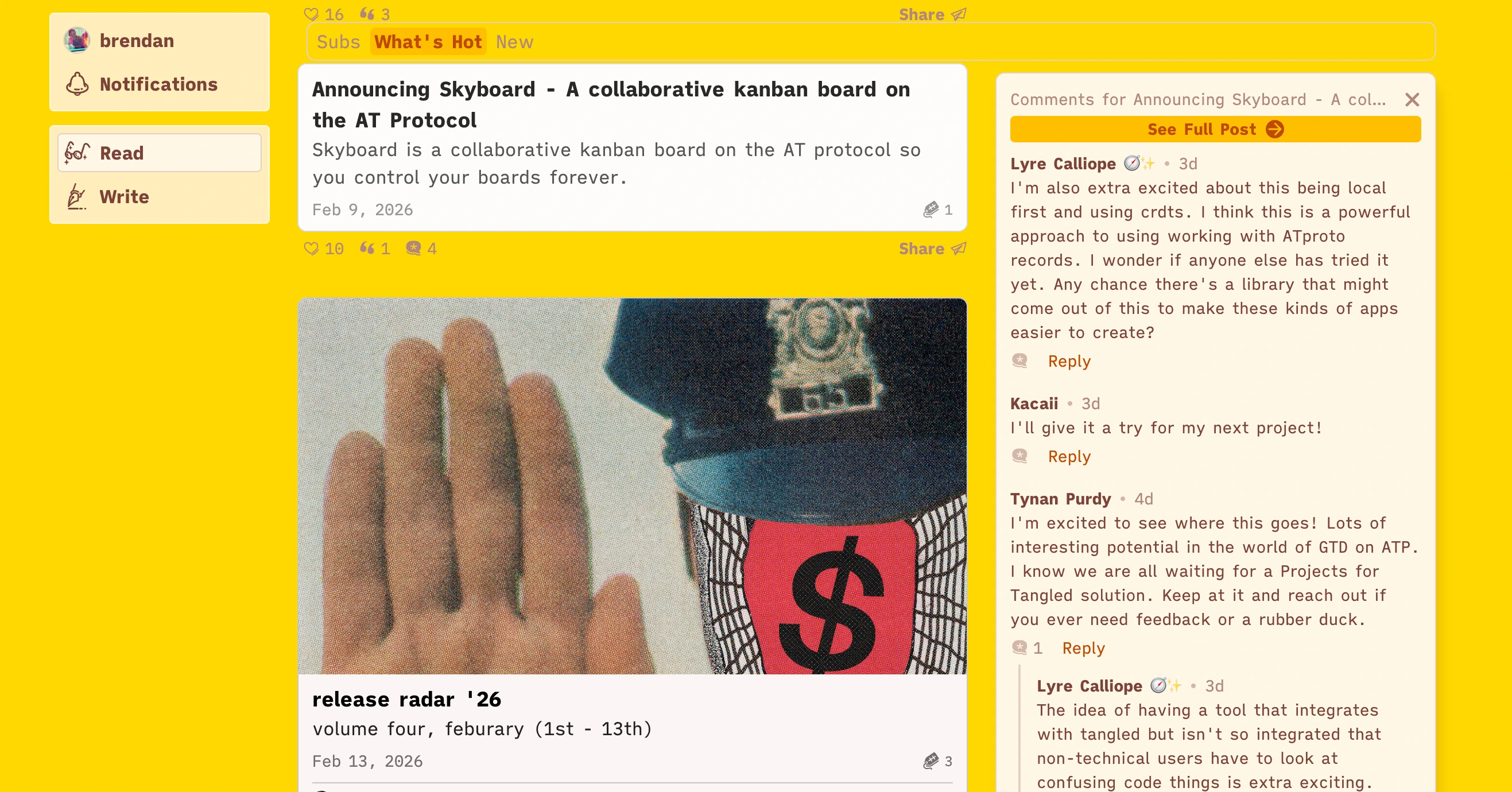 leaflet reader, with "what's hot" (since renamed "trending") feed shown, with post list + comments for one of the visible posts, "Announcing Skyboard", open in sidebar