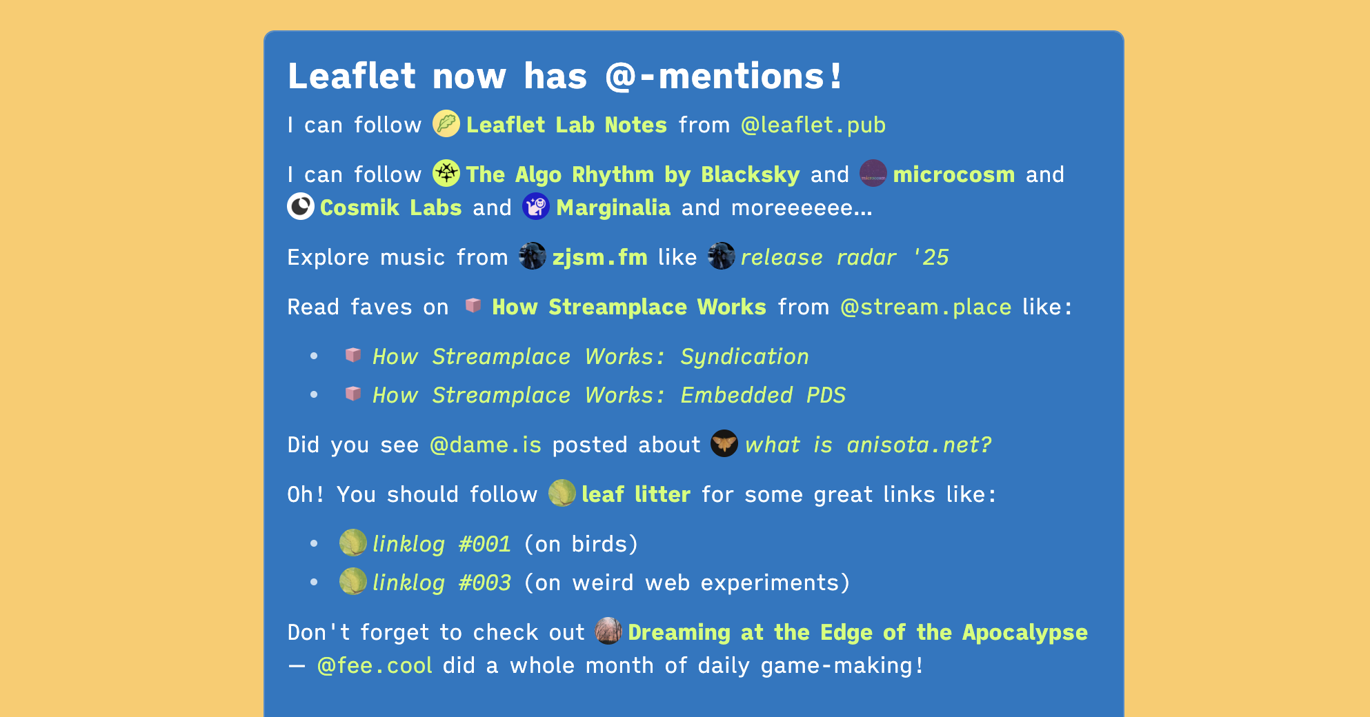 screenshot of a Leaflet draft showing a dozen or so different accounts and publications and posts mentioned