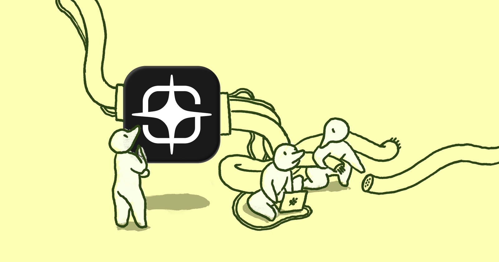 Three lil' guys gather around a standard site logo with wires coming out of it. The guys appear to be connecting the wires to something