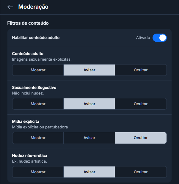Tela de configurações de moderação no Bluesky. É possível escolher se deseja mostrar, avisar ou ocultar vários tipos de conteúdo adulto.