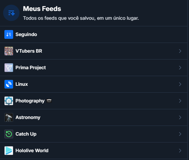 Um exemplo com uma lista de feeds personalizados disponíveis, de vários temas.