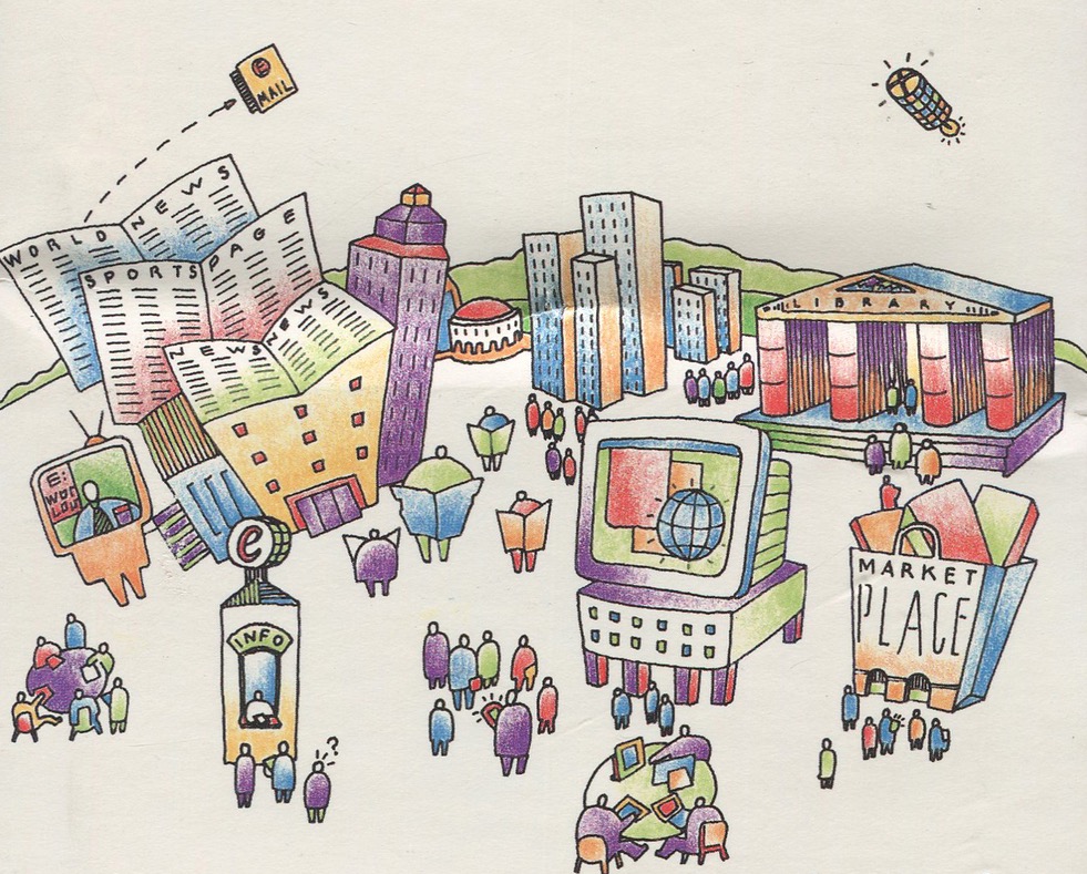 Illustration promoting Apple's eWorld. A colorful drawing of a city in a white void, with newspaper-shaped buildings representing news, a bag-shaped mall representing online shopping, a giant CRT in the middle, and simply drawn people in colorful shirts roaming the place.