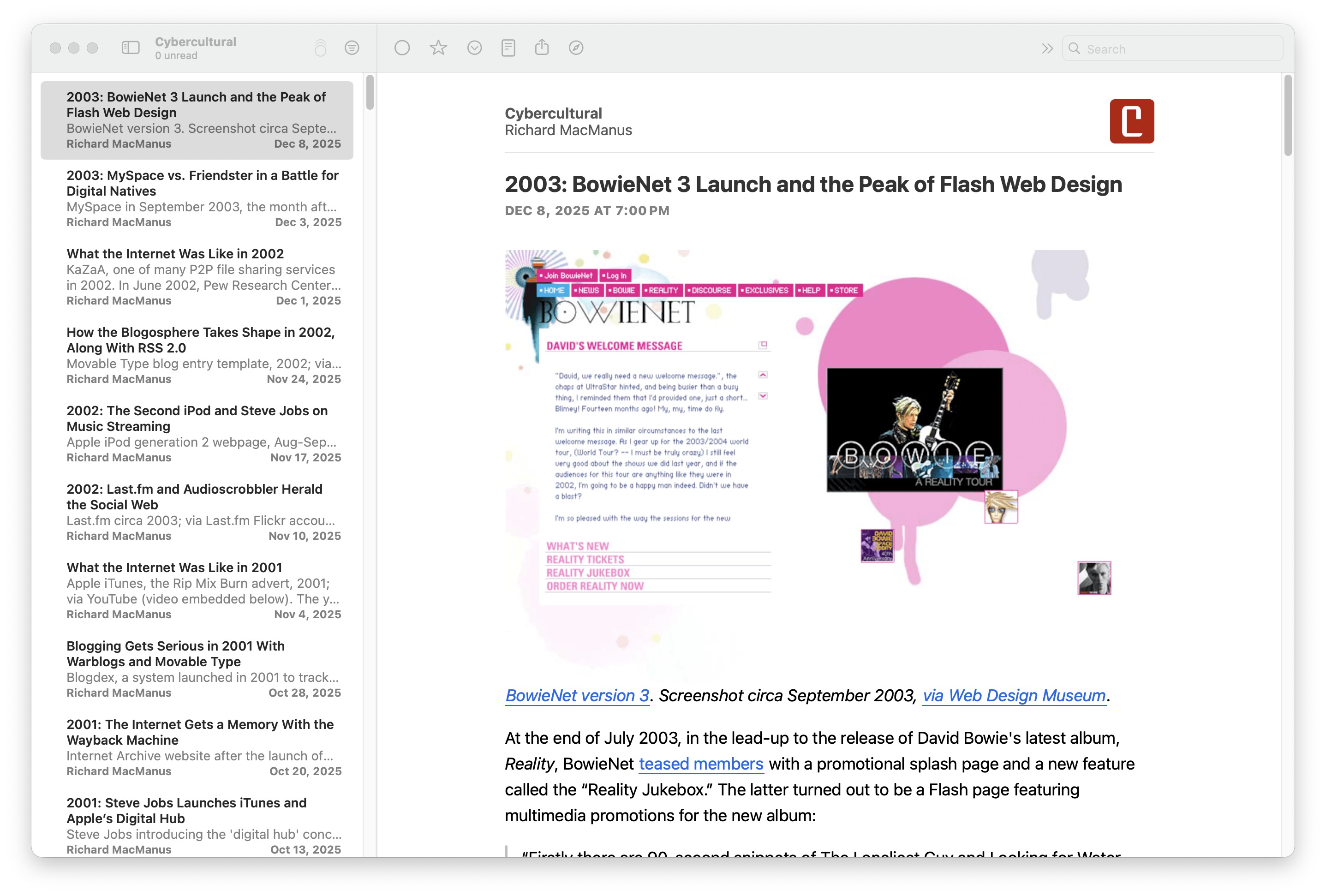 A screenshot of NetNewsWire, viewing the RSS feed of the blog Cybercultural