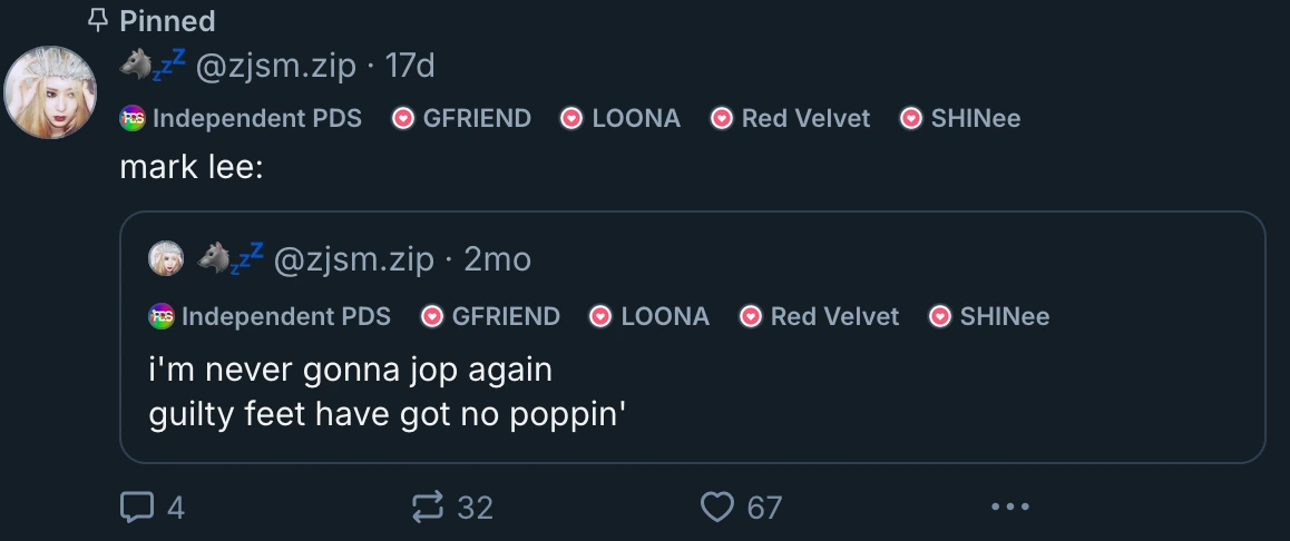 screenshot of my dumbass joke "mark lee: i'm never gonna jop again, guilty feet have got no rhythm."