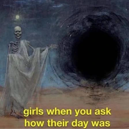 meme of a skeleton gesturing to a black hole with the caption: girls when you ask how their day was