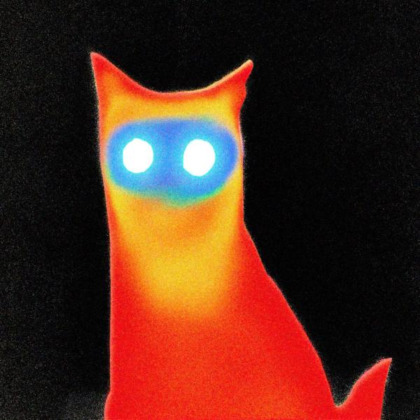 cover art for basement's upcoming album, "WIRED", featuring a weird thermal image of a cat with glowing eyes