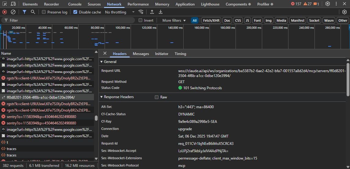 Screenshot of the network tab of the browser console. A request is selected that has a request endpoint of "wss://claude.ai/api/ws/organizations/ba5387b2-6ae2-42e2-bfa7-001557a8d2d4/mcp/servers/ff0d8201-3504-4f8b-a1cc-0dbe120e3994/" and a status code of "101 Switching Protocols."
