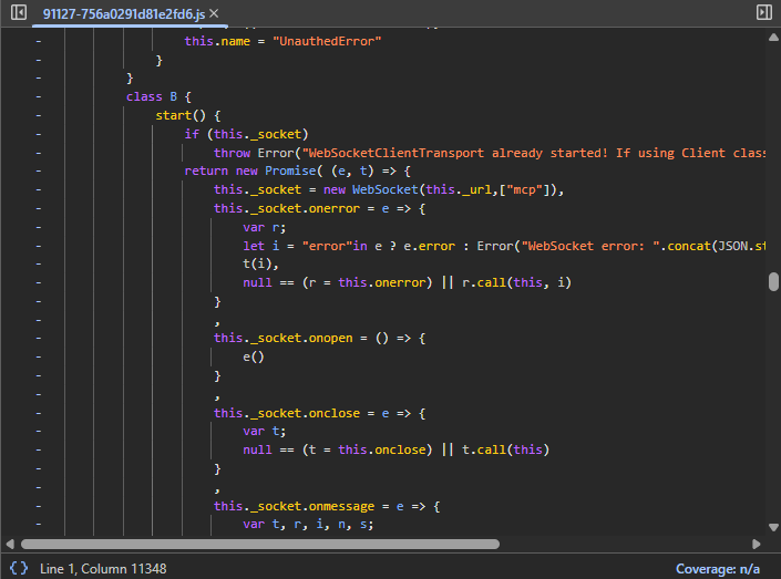 Screenshot of the client bundle code, showing a start() method that has an error including the phrase "WebSocketClientTransport already started!"