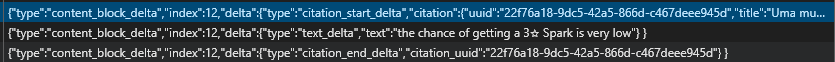 Three SSE stream response events of type "content_block_delta". The first has a nested type of "citation_start_delta" and contains a citation UUID, the second has a nested type of "text_delta", and the third has a nested type of "citation_end_delta" and also contains the same citation UUID as the first.