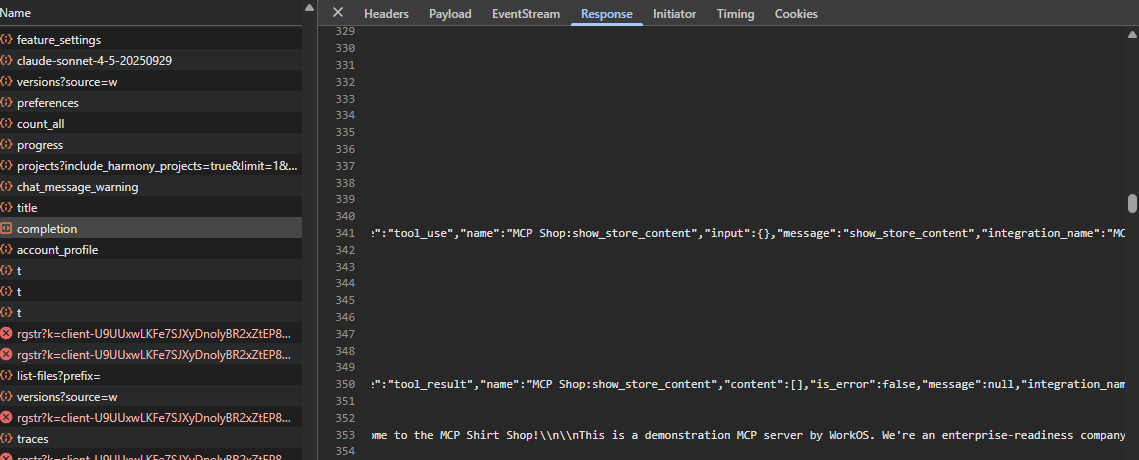 A screenshot of the SSE stream used for model completions. There's a tool_use event and a tool_result event that map to the MCP tool that was invoked by the model earlier.