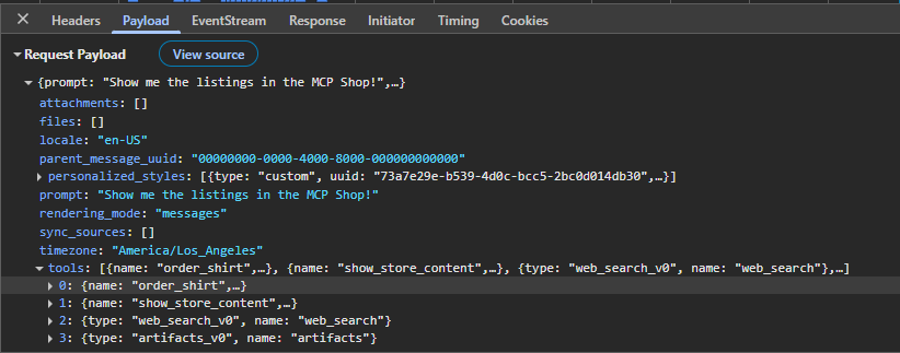 A screenshot of the request payload for the model completion. In the tool list, there are order_shirt and show_store_content tools from our MCP server.