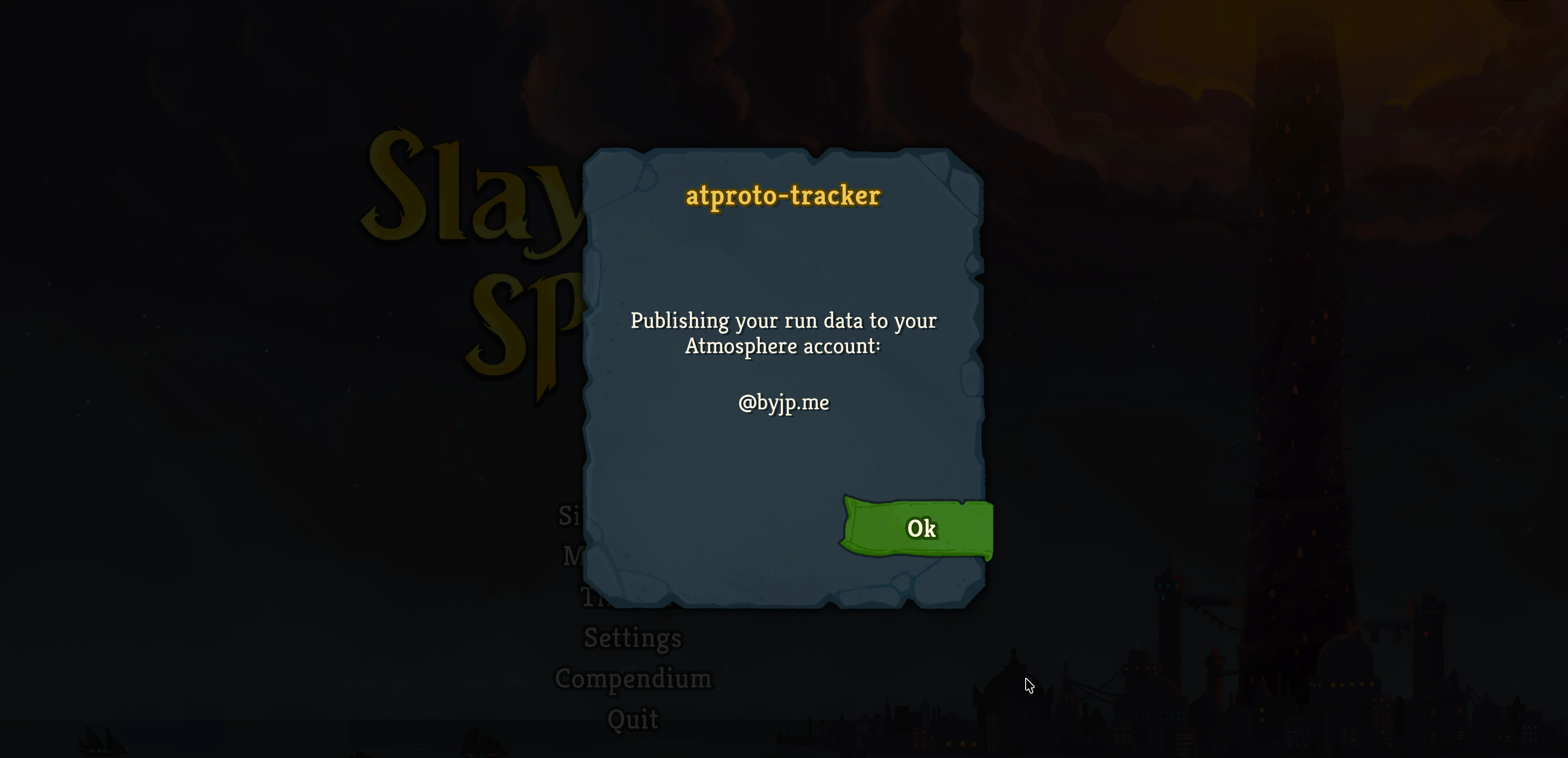 An in-game screenshot of a new dialog: the atproto-tracker "Publishing your run data to your Atmosphere account: @byjp.me"