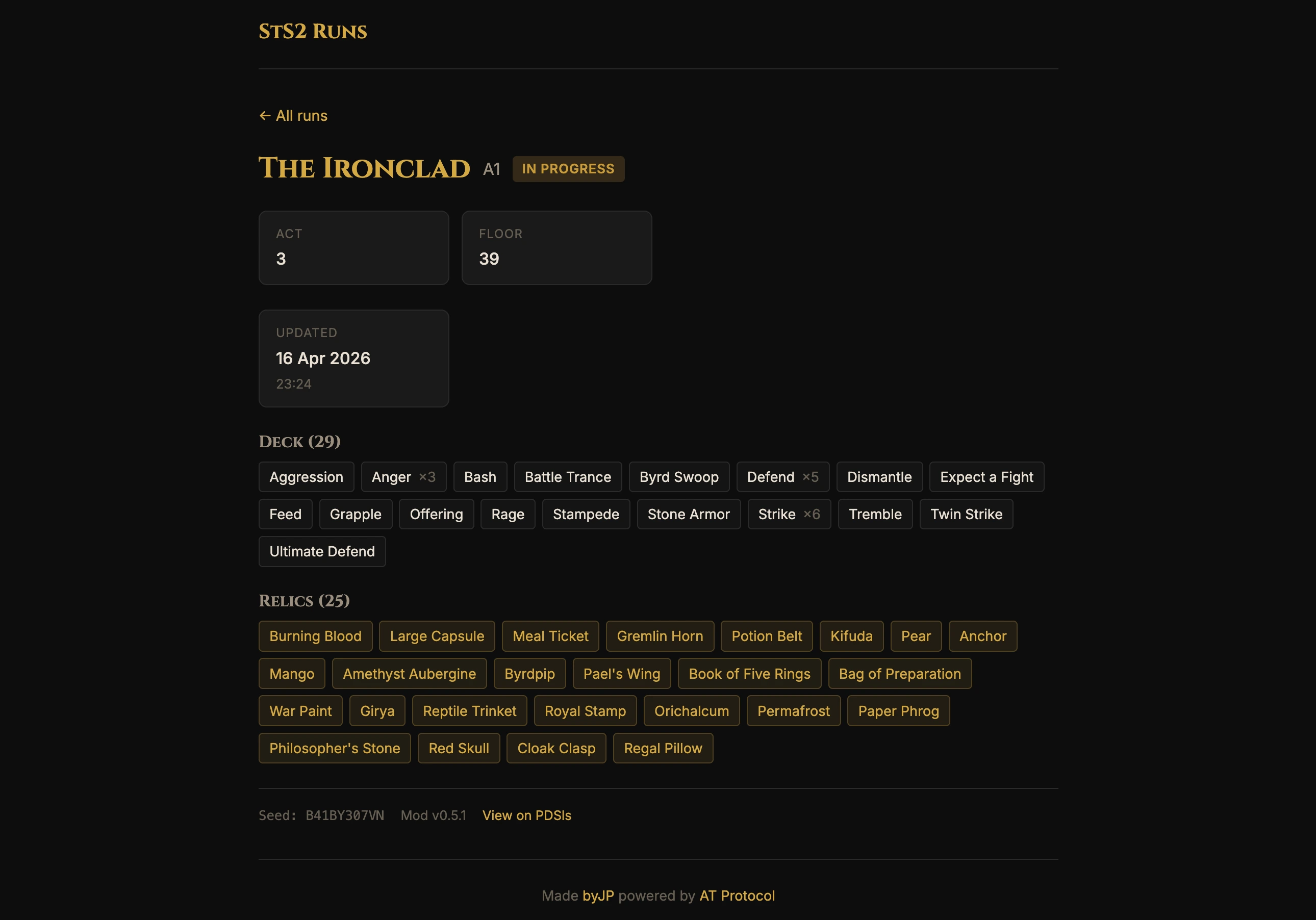 A screenshot of the website showing a run of mine; Act 3, floor 39 — showing all the cards in my deck and relics I've collected.