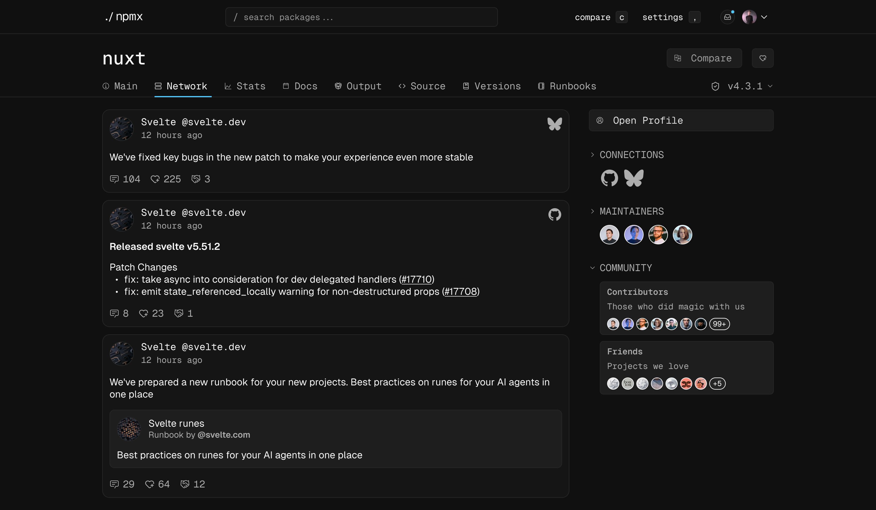Screenshot of the “Network” tab design on the Nuxt package page, showing posts from various services and internal posts; on the right are links to open profiles, connected services, maintainers, and community lists