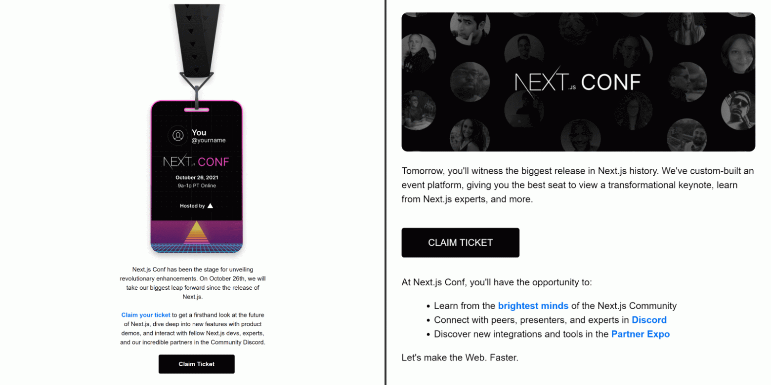 Conference invitations. Left: “Be the first to see the future of Next.js”; right: “Tomorrow will transform your career”