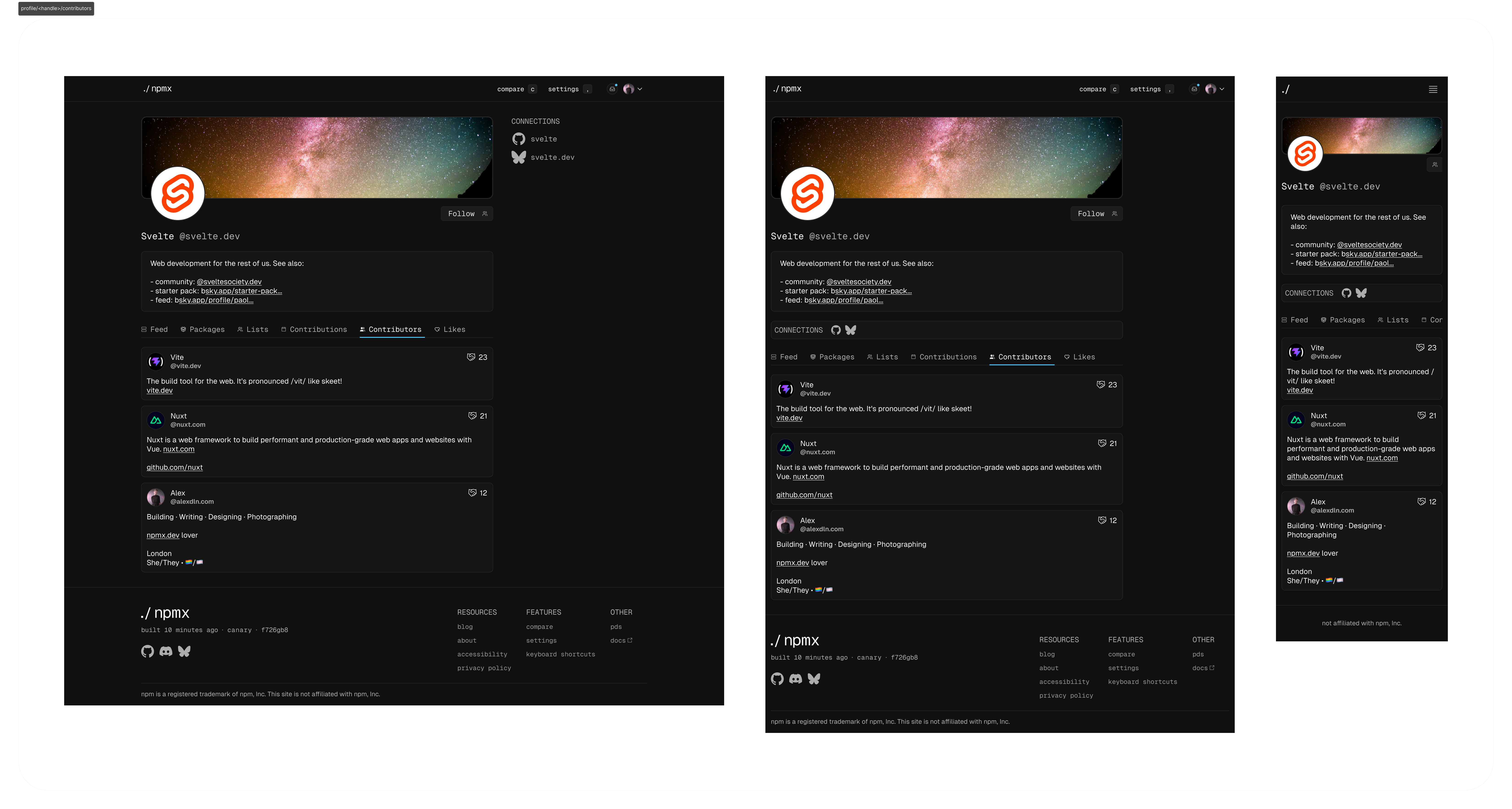 Screenshot of the profile design with the current "Contributors" tab, showing the user’s profile and cards for contributors who have contributed to this profile (23, 21, and 12 contributions shown)