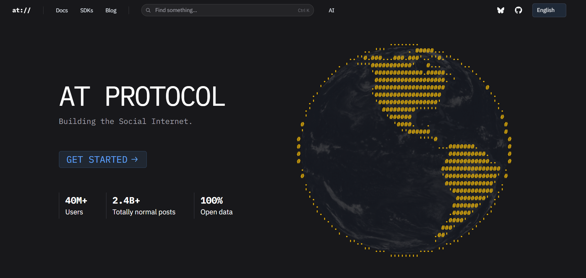 Screenshot of the atproto.com homepage with the text “At protocol. Building the social internet”
