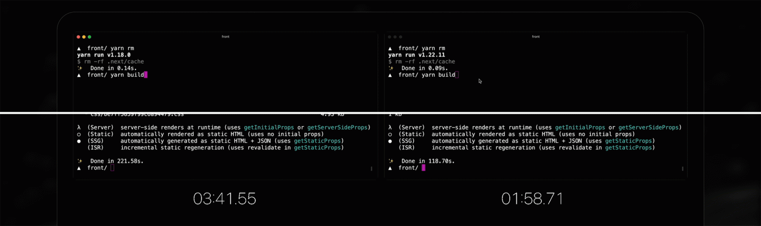 Build command and build time. Left: old compiler; right: new