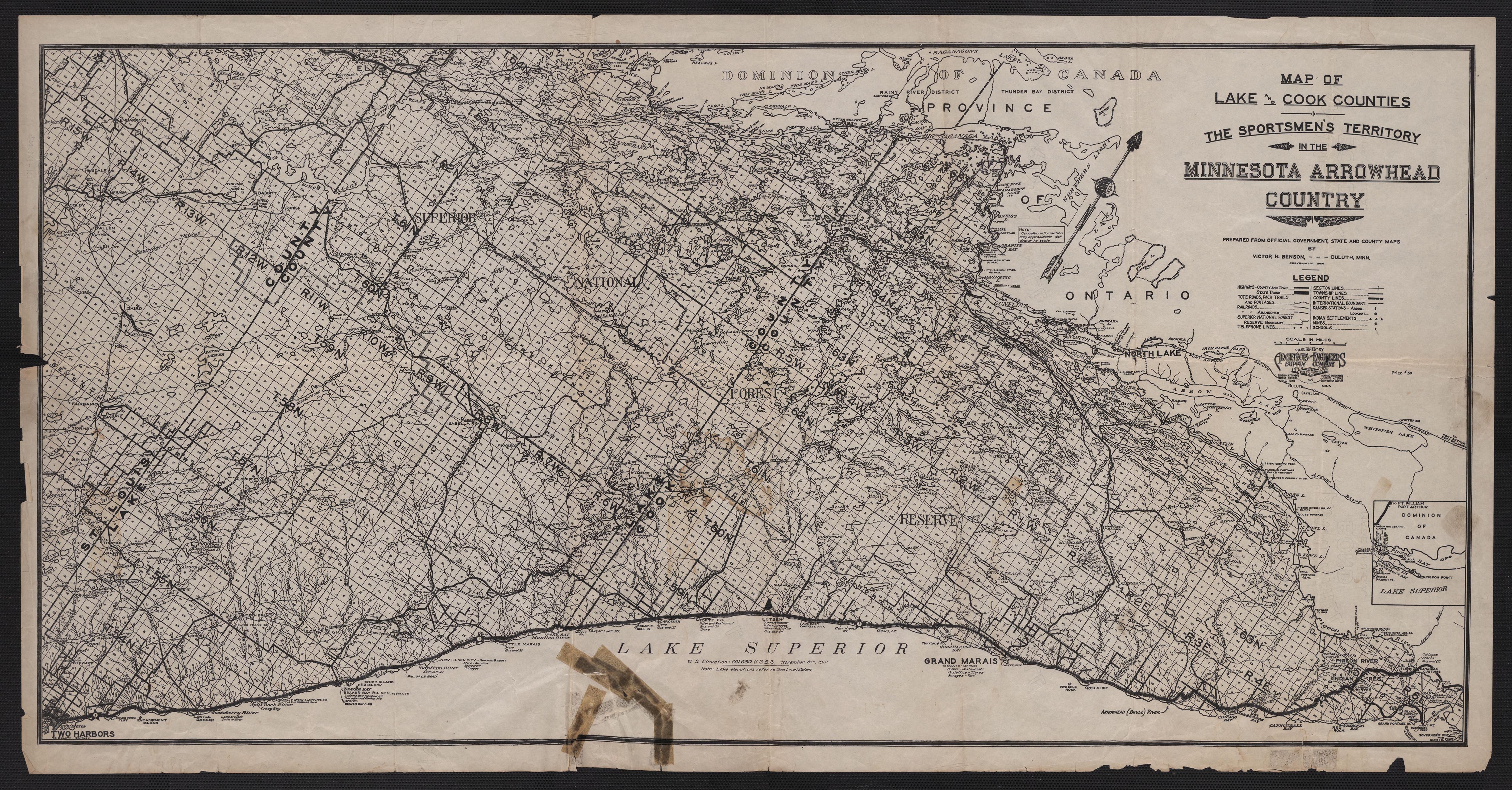 map showing Cook and Lake County from 1926. It's a little worn.