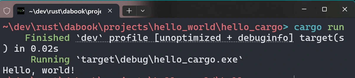 a windows terminal that has output "Hello, world!" after running a program called 'hello_cargo' with the command 'cargo run'