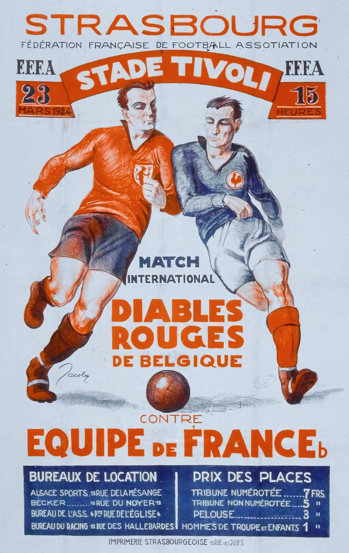 Two players in motion. The Belgian player in red faces off against a French player in blue with a brown leather ball in between them.