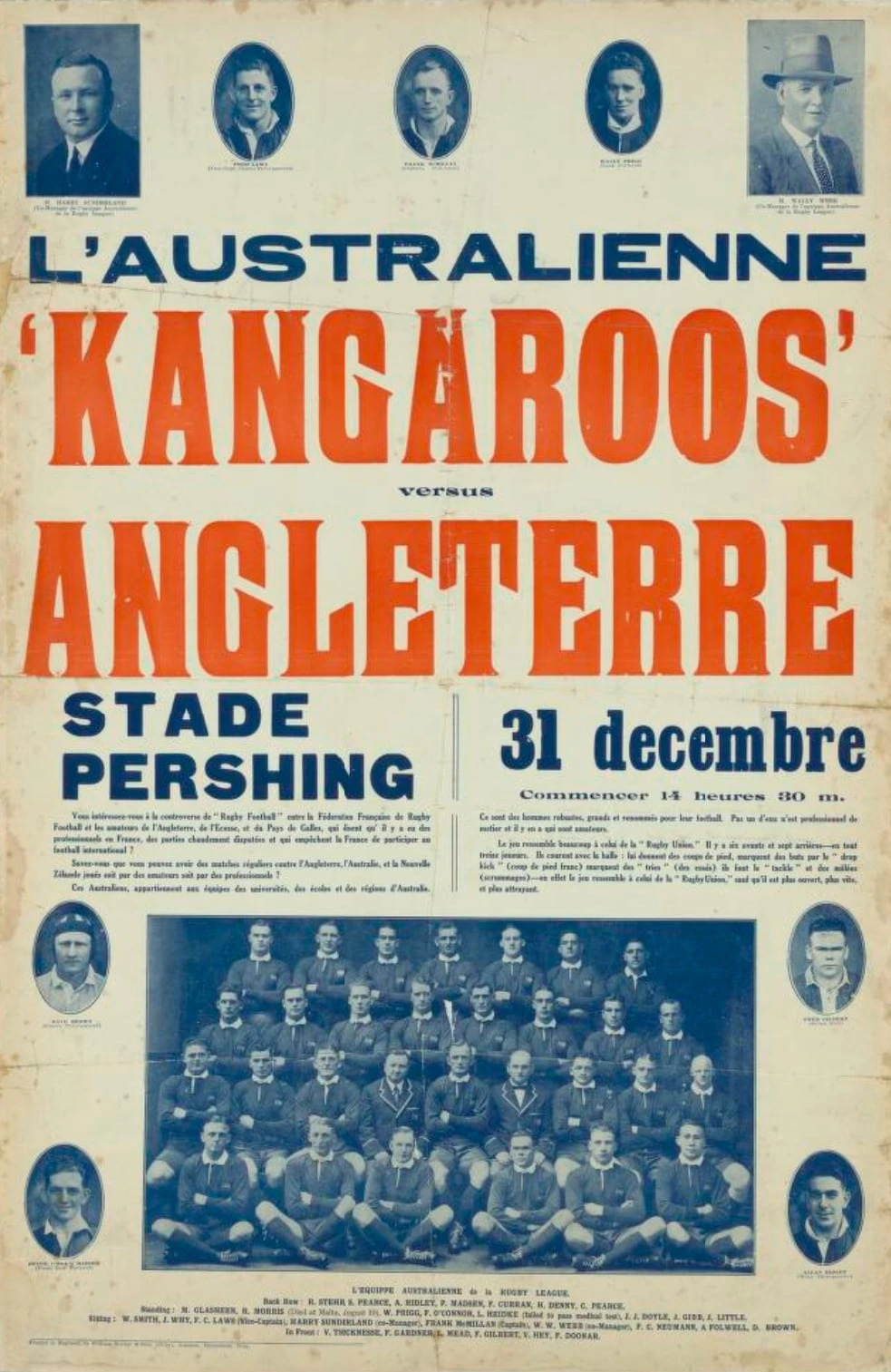 L’Australienne ‘Kangaroos’ versus Angleterre in bold red and blue type. Stade Pershing, Paris, December 31. Plenty of black and white player portraits and a team photo on aged paper.